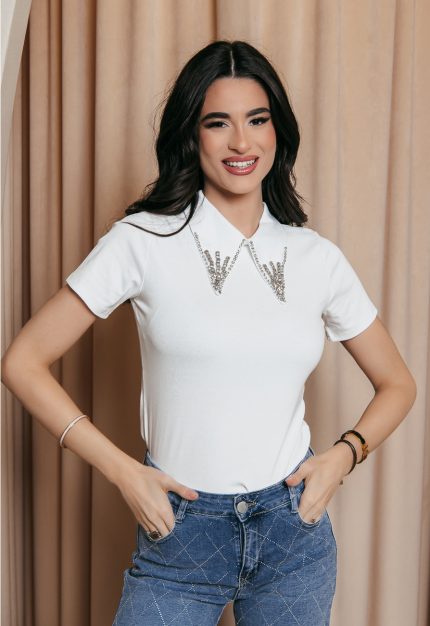 Μπλούζα κοντομάνικη με διακοσμημένο πέτο γιακά άσπρη