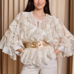 Πουκάμισο σατινέ με βολάν μπεζ