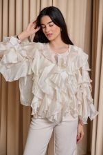 Πουκάμισο σατινέ με βολάν μπεζ - Image 3