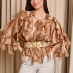 Πουκάμισο σατινέ με βολάν bronze