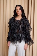 Πουκάμισο σατινέ με βολάν μαύρο - Image 4