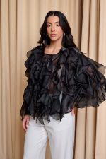 Πουκάμισο σατινέ με βολάν μαύρο - Image 5