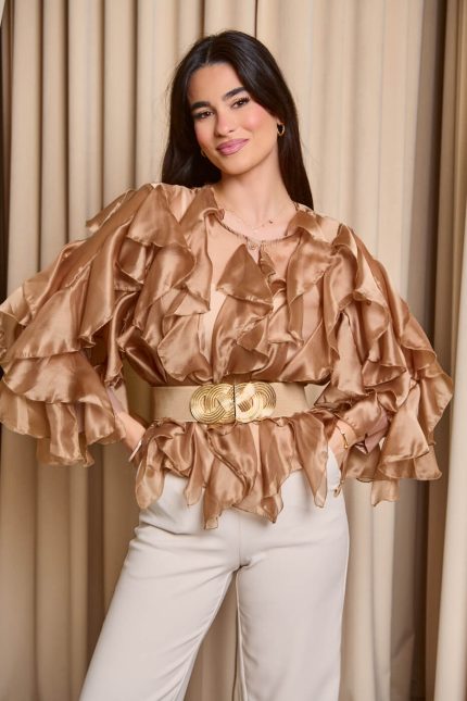 Πουκάμισο σατινέ με βολάν bronze
