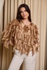 Πουκάμισο σατινέ με βολάν bronze - Image 3