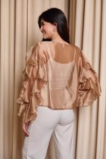 Πουκάμισο σατινέ με βολάν bronze - Image 6