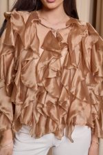 Πουκάμισο σατινέ με βολάν bronze - Image 7