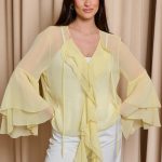 Πουκάμισο see through με βολάν και καμπάνα μανίκι κίτρινο