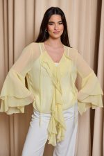 Πουκάμισο see through με βολάν και καμπάνα μανίκι κίτρινο