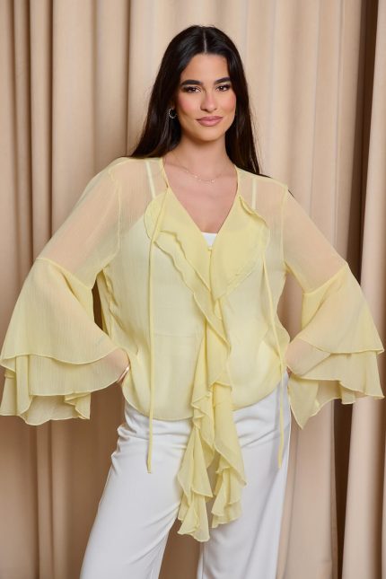 Πουκάμισο see through με βολάν και καμπάνα μανίκι κίτρινο