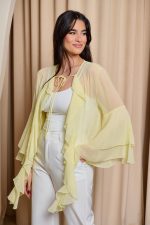 Πουκάμισο see through με βολάν και καμπάνα μανίκι κίτρινο - Image 4