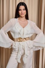 Πουκάμισο see through με βολάν και καμπάνα μανίκι μπεζ