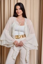 Πουκάμισο see through με βολάν και καμπάνα μανίκι μπεζ - Image 2