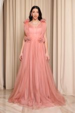 Φόρεμα maxi τούλινο με 3D λεπτομέρειες και στρας κοραλί