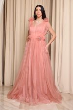 Φόρεμα maxi τούλινο με 3D λεπτομέρειες και στρας κοραλί - Image 4