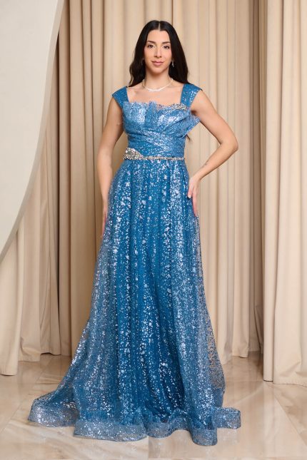 Φόρεμα maxi με πιέτες και τρισδιάστατο γκλίτερ indigo