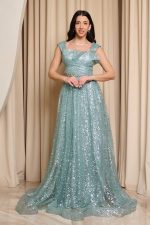 Φόρεμα maxi με πιέτες και τρισδιάστατο γκλίτερ μέντα - Image 2