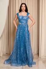 Φόρεμα maxi με πιέτες και τρισδιάστατο γκλίτερ indigo - Image 2