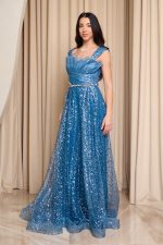 Φόρεμα maxi με πιέτες και τρισδιάστατο γκλίτερ indigo - Image 3