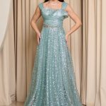 Φόρεμα maxi με πιέτες και τρισδιάστατο γκλίτερ μέντα