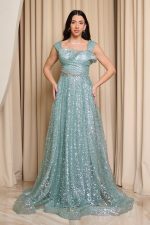 Φόρεμα maxi με πιέτες και τρισδιάστατο γκλίτερ μέντα