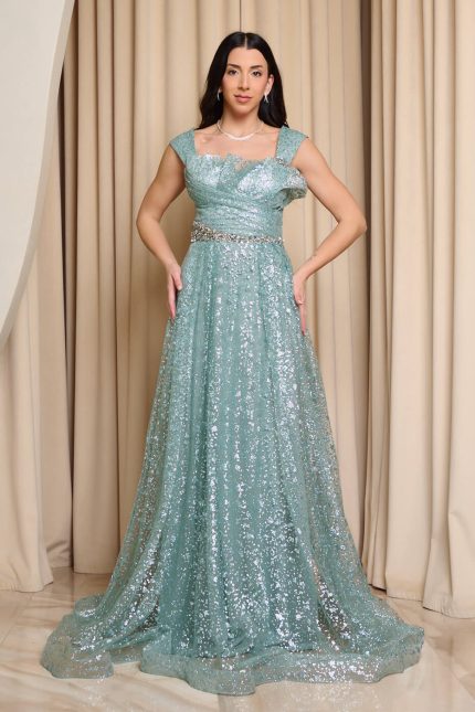 Φόρεμα maxi με πιέτες και τρισδιάστατο γκλίτερ μέντα