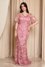 Φόρεμα maxi με κεντήματα και παγιέτες ροζ