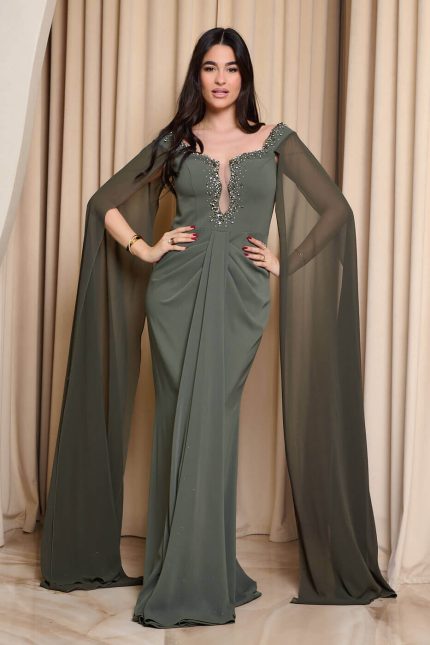 Φόρεμα maxi με πέτρες και ντραπέ λεπτομέρεια λαδί