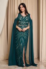 Φόρεμα maxi με πέτρες και χάντρες κυπαρισσί