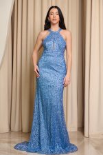 Φόρεμα maxi με halter λαιμόκοψη και τρισδιάστατη παγιέτα indigo - Image 2