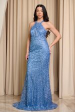 Φόρεμα maxi με halter λαιμόκοψη και τρισδιάστατη παγιέτα indigo - Image 4