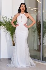 Φόρεμα maxi με halter λαιμόκοψη και τρισδιάστατη παγιέτα άσπρο - Image 2