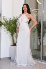 Φόρεμα maxi με halter λαιμόκοψη και τρισδιάστατη παγιέτα άσπρο - Image 3