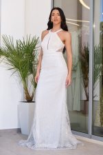 Φόρεμα maxi με halter λαιμόκοψη και τρισδιάστατη παγιέτα άσπρο - Image 4