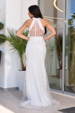 Φόρεμα maxi με halter λαιμόκοψη και τρισδιάστατη παγιέτα άσπρο - Image 5