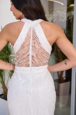 Φόρεμα maxi με halter λαιμόκοψη και τρισδιάστατη παγιέτα άσπρο - Image 8