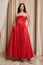 Φόρεμα midi στράπλες κόκκινο - Image 2