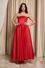 Φόρεμα midi στράπλες κόκκινο