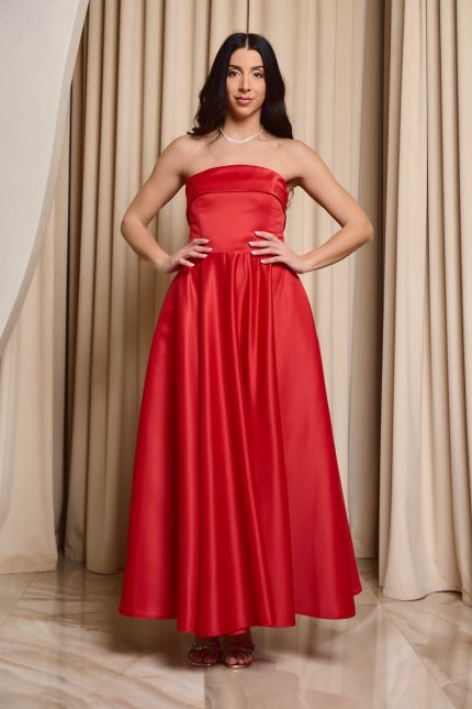 Φόρεμα midi στράπλες κόκκινο