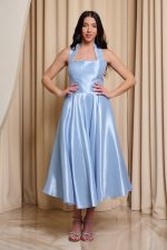 Φόρεμα midi με δέσιμο στο λαιμό και στρας baby blue