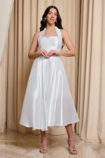 Φόρεμα midi με δέσιμο στο λαιμό και στρας άσπρο