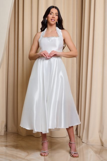 Φόρεμα midi με δέσιμο στο λαιμό και στρας άσπρο