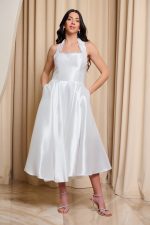 Φόρεμα midi με δέσιμο στο λαιμό και στρας άσπρο - Image 2