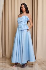 Φόρεμα midi στράπλες με σχέδιο φιόγκο baby blue - Image 4