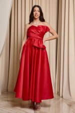 Φόρεμα midi στράπλες με σχέδιο φιόγκο κόκκινο