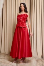 Φόρεμα midi στράπλες με σχέδιο φιόγκο κόκκινο - Image 3