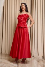 Φόρεμα midi στράπλες με σχέδιο φιόγκο κόκκινο - Image 4