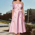 Φόρεμα midi off shoulder με διακοσμητικές πέτρες baby pink