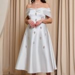 Φόρεμα midi off shoulder με διακοσμητικές πέτρες άσπρο