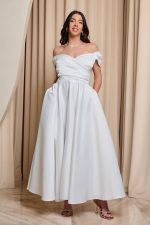 Φόρεμα midi off shoulder με ντραπέ μπούστο άσπρο - Image 2