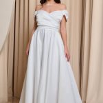 Φόρεμα midi off shoulder με ντραπέ μπούστο άσπρο